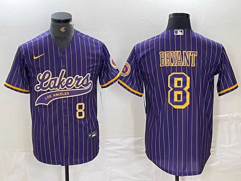Mens Los Angeles Lakers #8 Kobe Bryant Purple Pinstripe Cool Base Stitched Baseball Jerseys